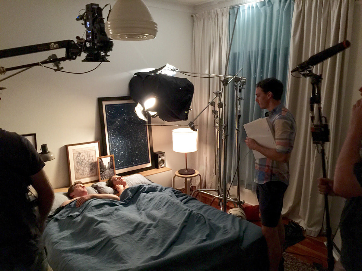 BedHead director Benjamin Mathews talks to cast members Paul Ayre and Sarah Bishop. Supplied by BedHead.