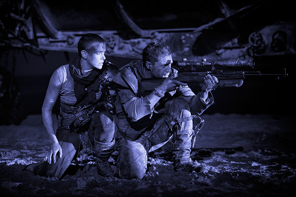 Charlize Theron as Furiosa and Tom Hardy as Mad Max. Supplied by Village Roadshow.