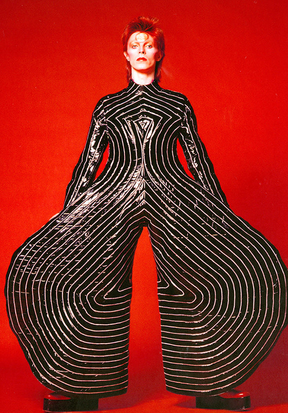 At ACMI: Striped bodysuit for Aladdin Sane tour. Photo by Masayoshi Sukita. Supplied by ACMI.